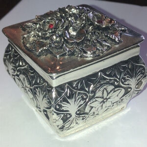 Vintage Silver Tone Painted Floral CZ Rhinestone Trinket Jewelry Box